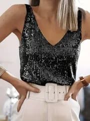 Cross-border Europe and America Shiny Vest New Women's Sequin Sleeveless Top Amazon V-Neck Sexy Base Layer Top