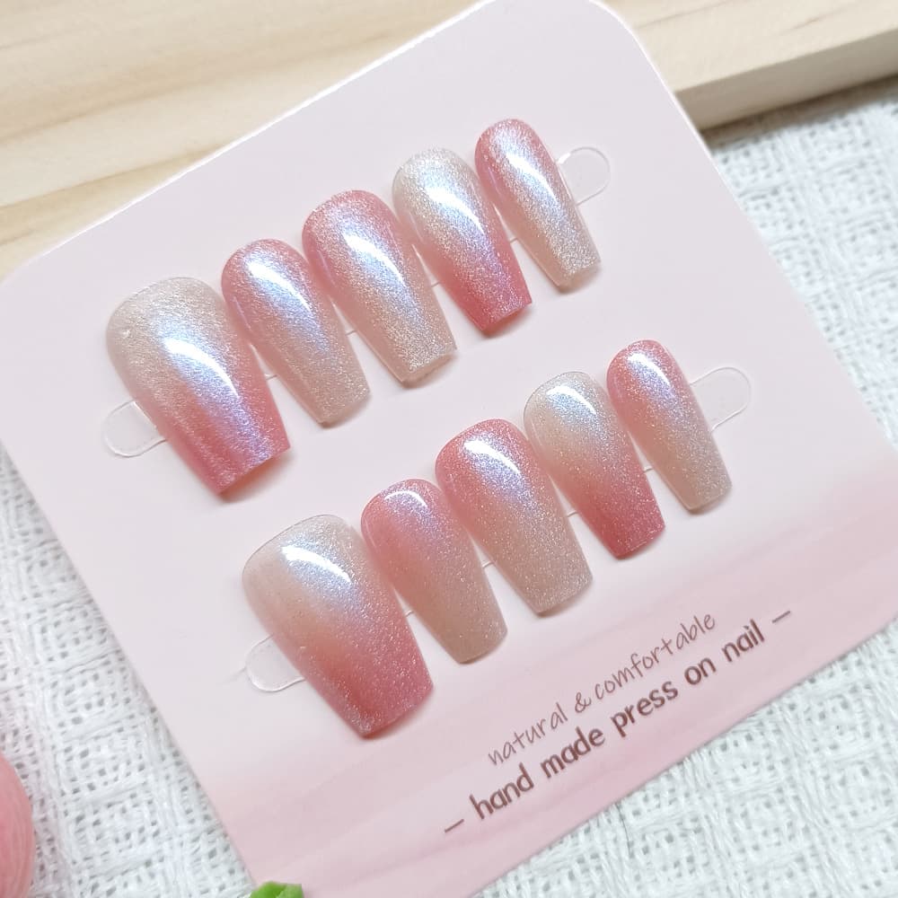 New Crystal Cat Eye Nails, Semi-Handmade Gel Press-On Nails, 10-Piece Sizing Kit, Pink-White Gradient Cat Eye Nail Stickers