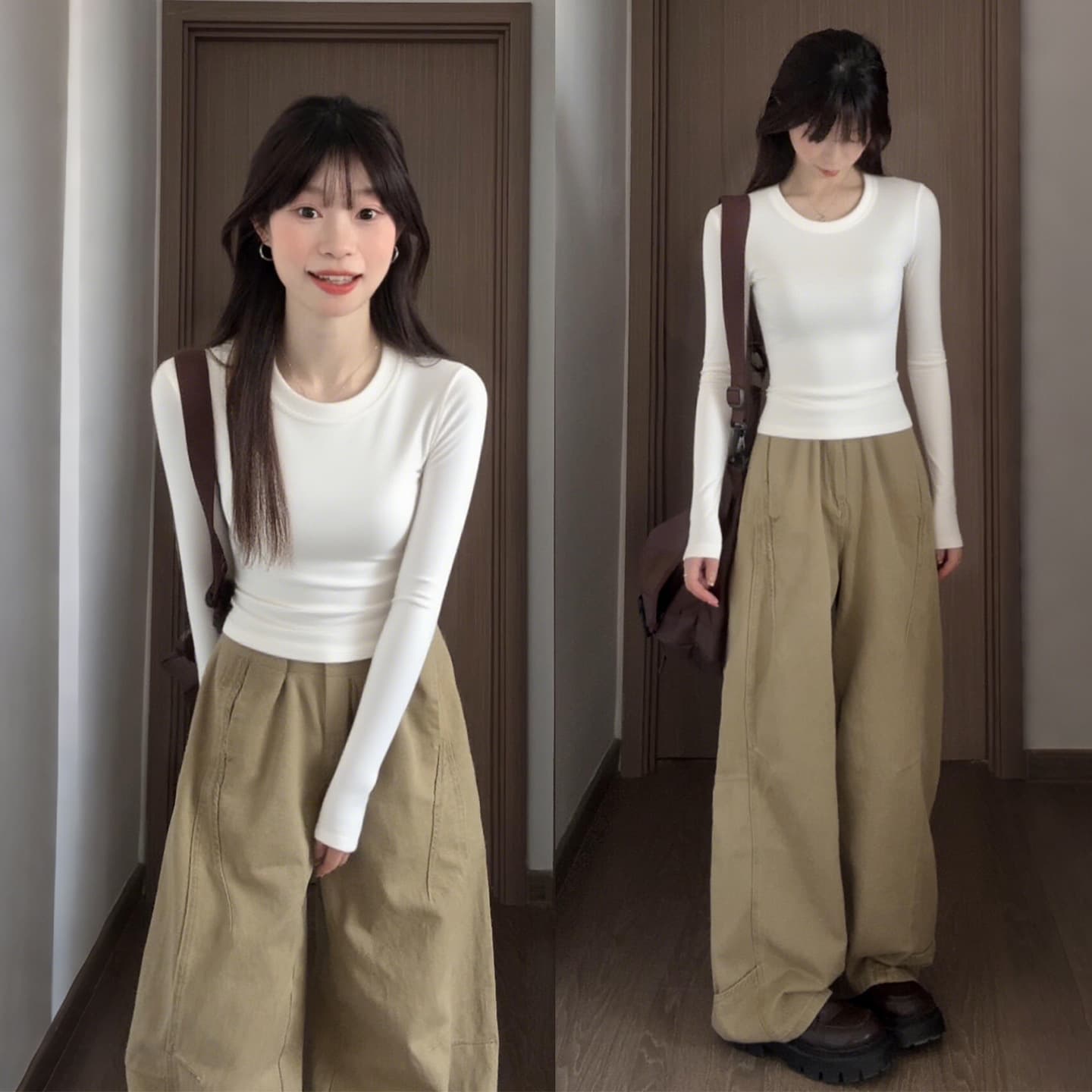 Early Fall White Base Layer Trench Coat Inner Wear Women's Slim Long Sleeve T-Shirt Fitted Square Neck Top Early Autumn Winter Outfit