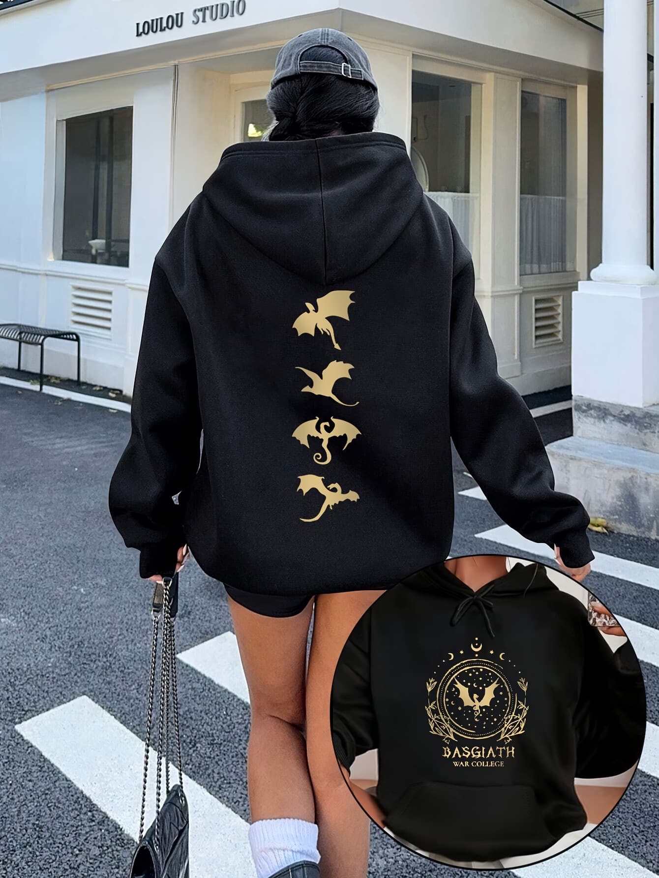Cross-Border Independent Brand Women's Oversized Drop Shoulder Sleeve Hoodie with Dragon Fourth Wing Pattern Print and Ribbed Cuffs