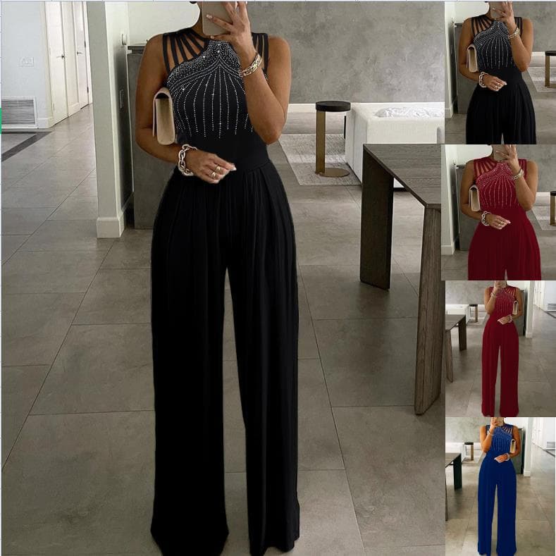 2023 Cross-Border European and American Hot Selling Rhinestone Wide Leg Jumpsuit Waist Rhinestone Formal Dress Solid Color Summer Dress