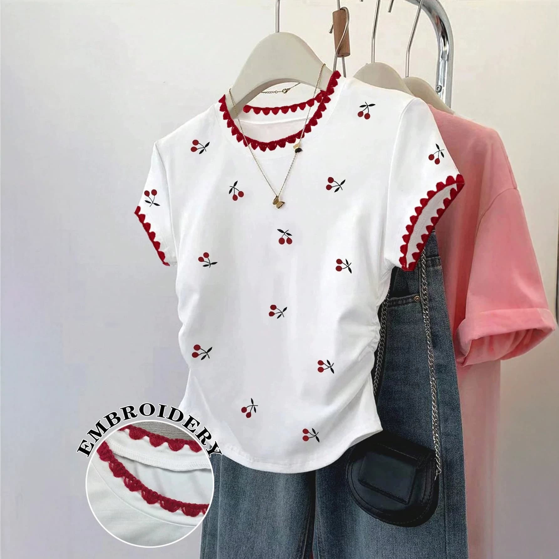 Women's round neck digital printed pleated T-shirt, dog tooth embroidery, versatile summer T-shirt