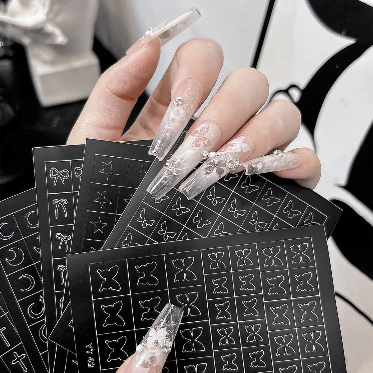 Trending French Cutout Spray Nail Art Stickers Irregular Stars Moon Butterfly Flower Nail Wraps