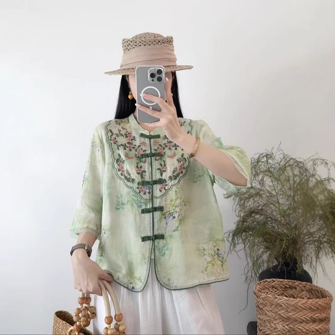 2025 Summer New Round Neck Three-Quarter Sleeve Stitched Organza Design Embroidered T-Shirt Ruffle Youthful Top