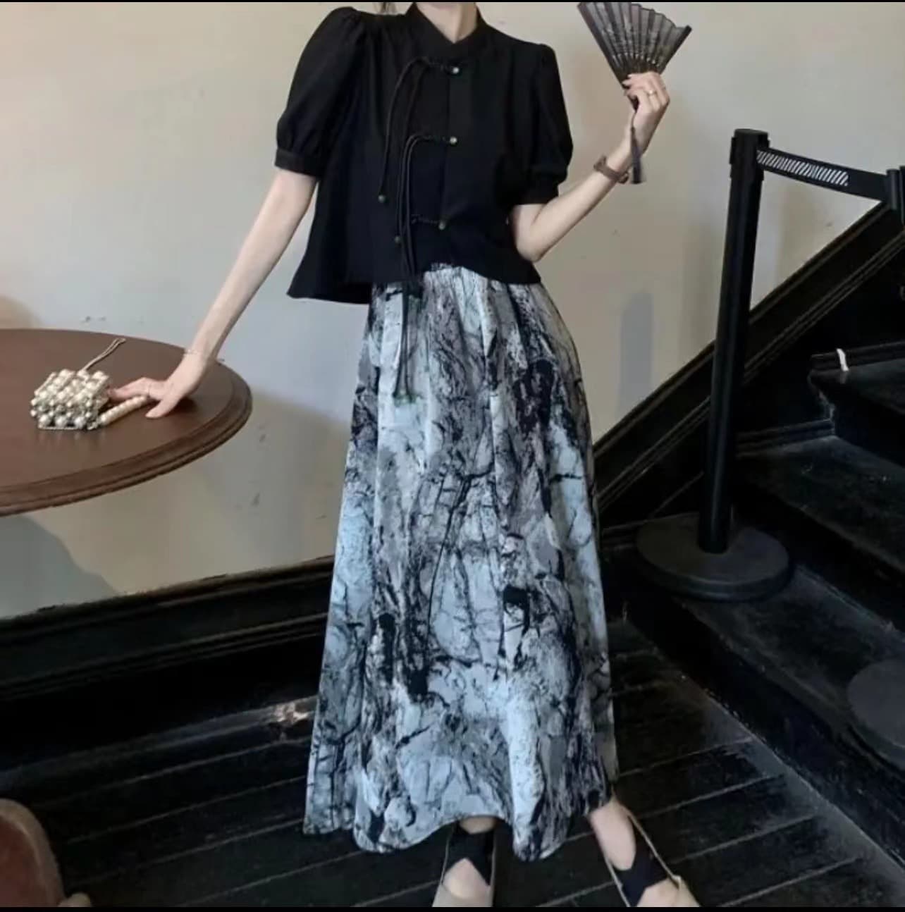 Cotton silk skirt new style long skirt printed casual large hem skirt summer loose elastic waist three-piece skirt sweet pleated