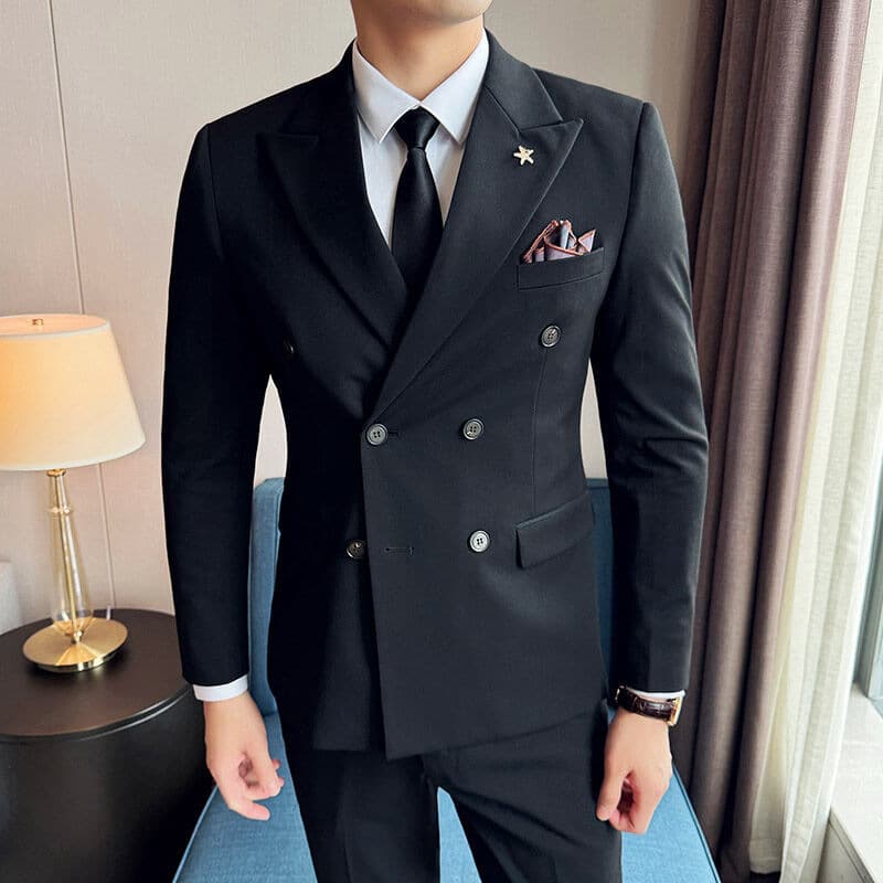 Factory Direct Spring New Solid Color Suit Men's Set Korean Trend Double-Breasted Groom Tuxedo