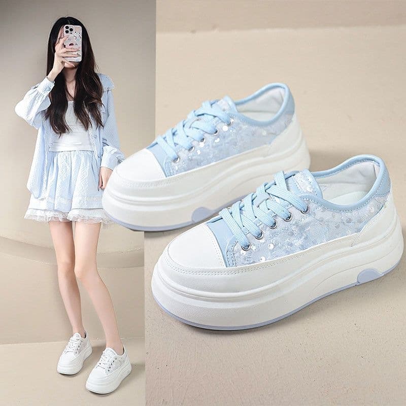 Lace Sequins Mesh Breathable White Sneakers Women Thick Sole Heightening Soft Casual Shoes 2025 Summer New Women's Shoes