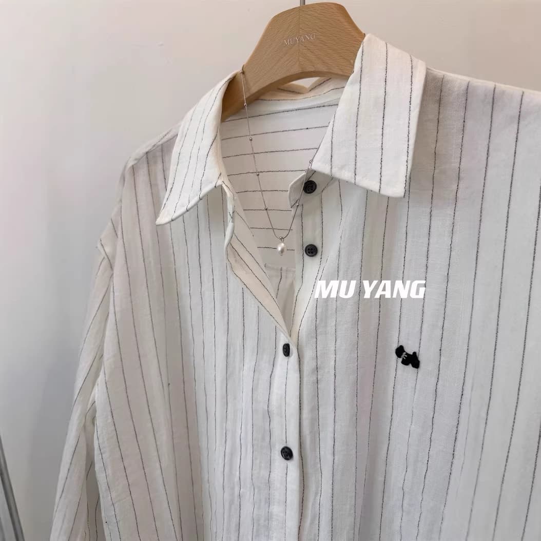 Highly Recommended~75% Rayon Striped Shirt 3D Dog Logo Casual Stylish Versatile Sun Protection Blouse for Women