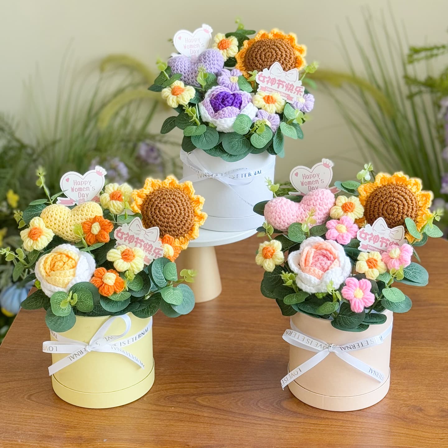 Hand-Knitted Sunflower and Rose Mixed Bouquet in a Hug Bucket, Yarn Flower Gift for Mother's Day, Girlfriend, or Mom