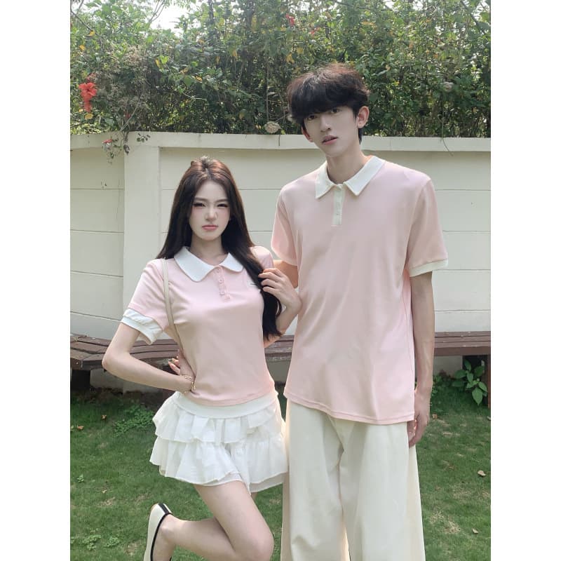 2026 Summer Couple Outfit College Style Fake Two-Piece Doll Collar Short Sleeve T-Shirt and Skirt Set