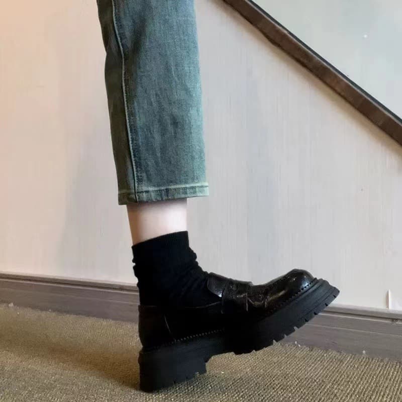 Genuine Leather Retro Style Chunky Heel Loafers Black Single Shoes Women 2024 Spring/Autumn New Slip-On Platform Small Leather Shoes