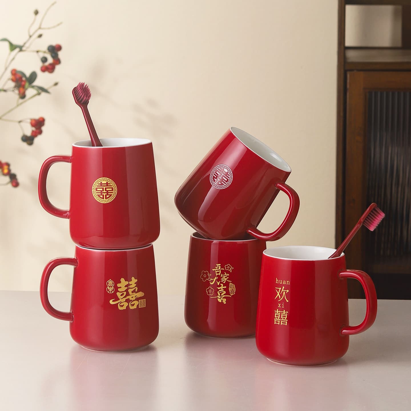 Wedding Ceramic Toothbrush Cup Bride Dowry Toiletries Set Red Premium Couple Mouthwash Cup