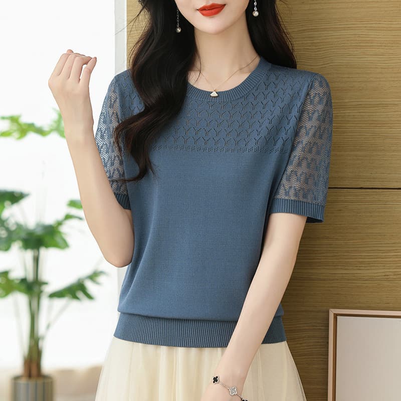 2024 New Style Western Young Mother's Summer Hollow Thin Simple Ice Silk Knitted Shirt Top Short Sleeve T-shirt for Women