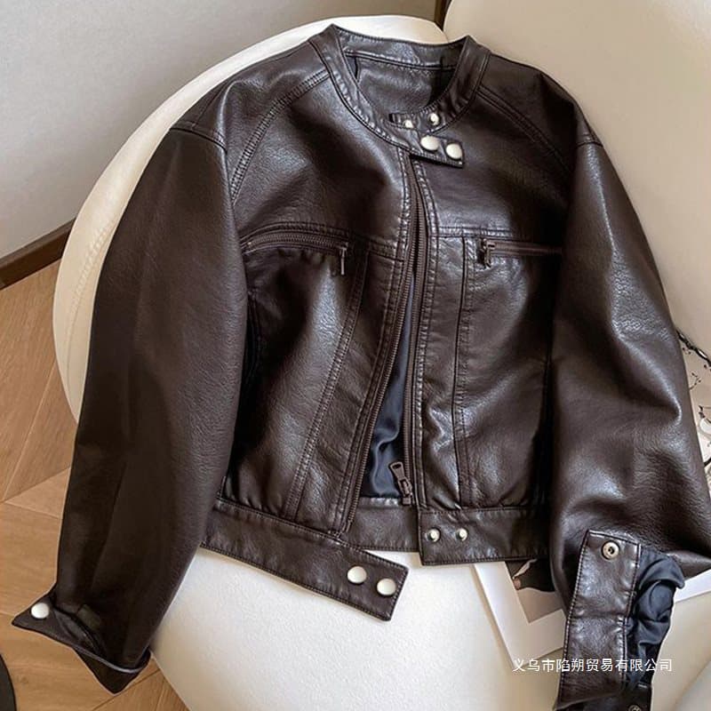 Women's leather jacket, spring and autumn 2025 retro Hong Kong style new motorcycle short style petite loose stand collar leather jacket