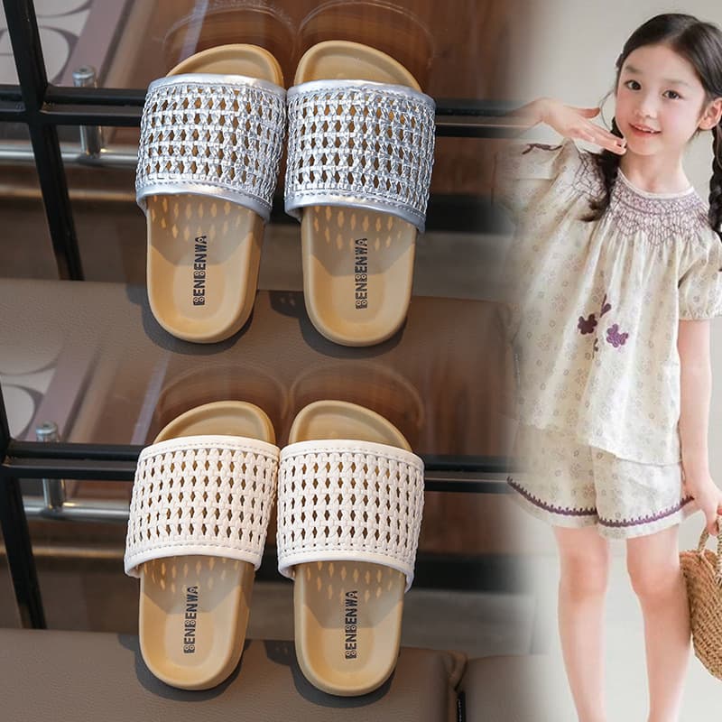 Children's Slippers, Wearable Outdoor Woven Birkenstock Sandals, Summer Beach Shoes, Open-Toe Outdoor Slides, Princess Flat Sandals
