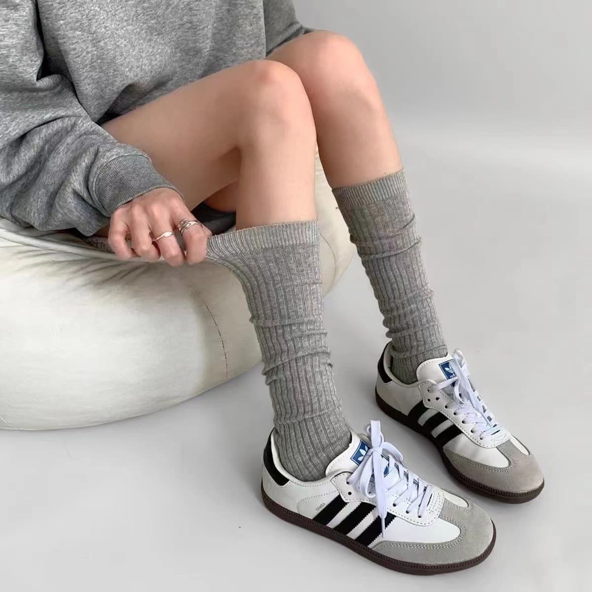 Thin, striped, long, knee-high socks for spring and summer, perfect for casual, sporty, white mid-calf wear.