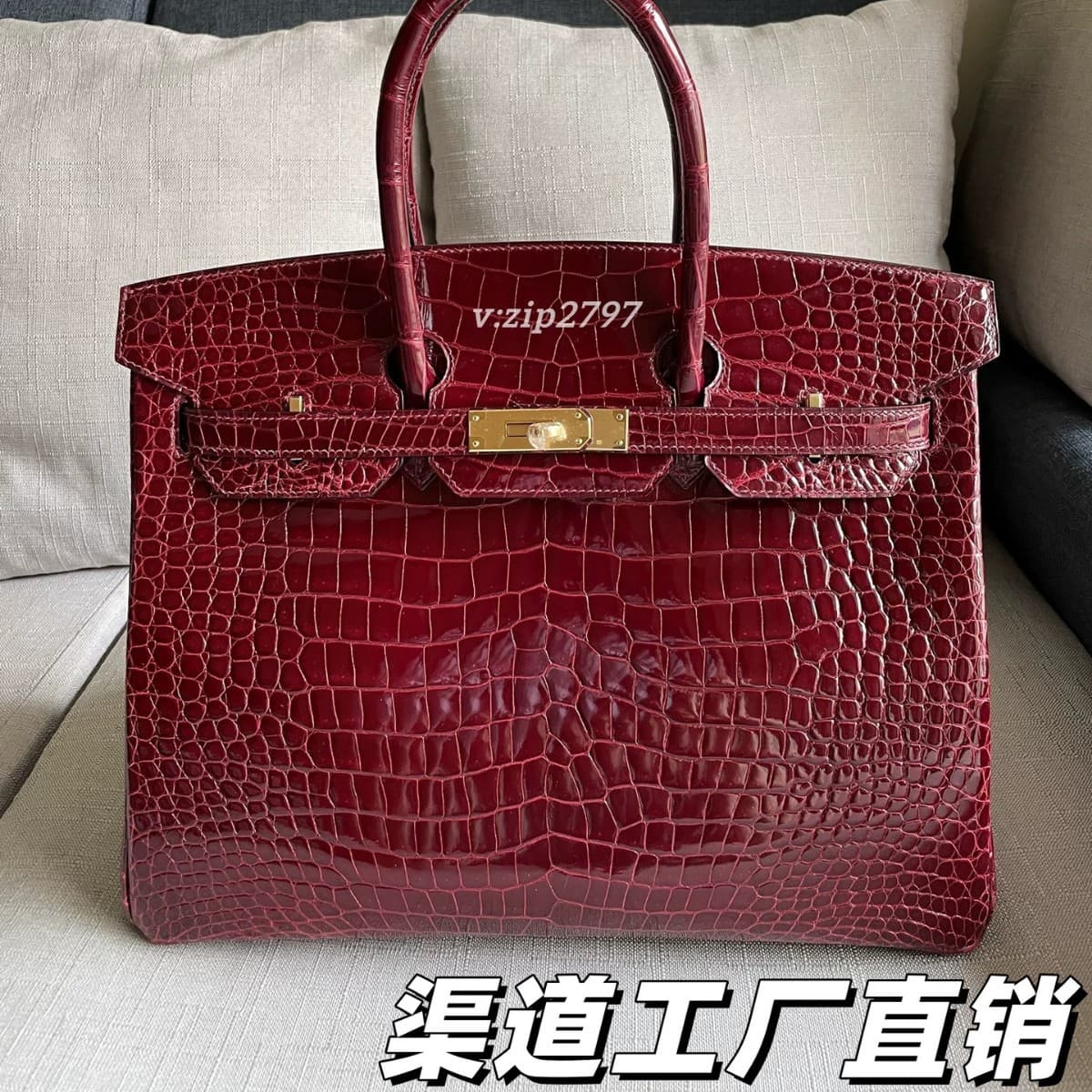 Luxury Hand-Stitched Birkin 35 Burgundy Shiny Crocodile Skin Handbag for Women