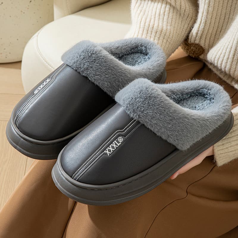 Men's Extra Large Size Winter Slippers, PU Leather, Waterproof, Thick Sole, Indoor Wear, Non-Slip, Warm Shoes, Sizes 47, 48, 49