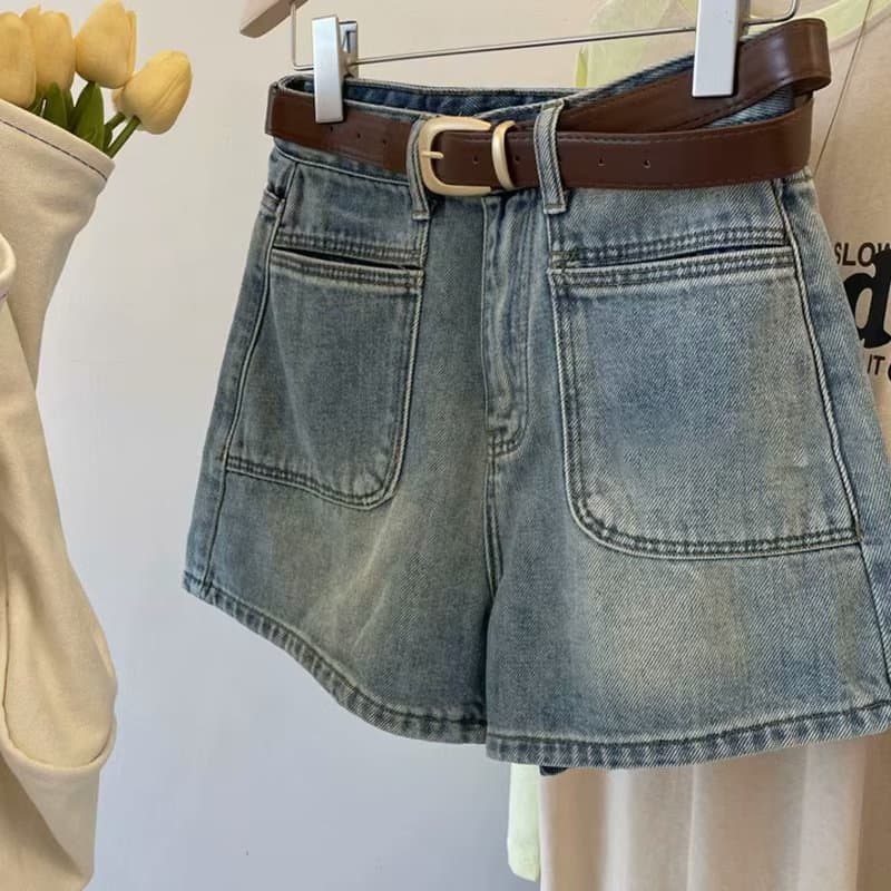 Simple High Waist Denim Shorts Women's Summer 2023 Slim Wide Leg Pocket Design A-Line Hot Pants Cotton Polyester Blend
