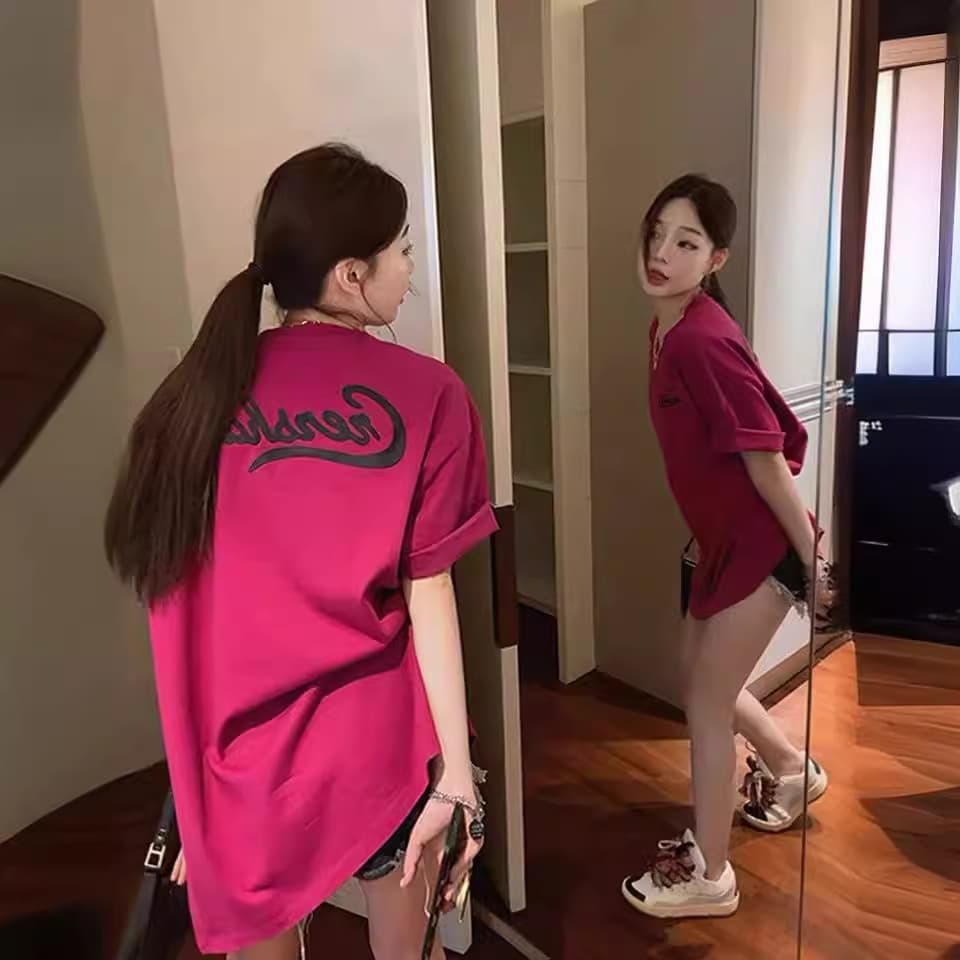 Cotton Korean Loose Women's Fashion Short Sleeve Top Mid-Length Unique Design Letter T-Shirt Women Trendy