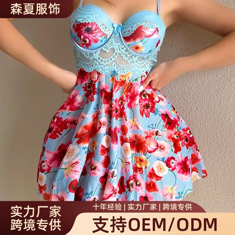 European and American Cross-Border Plus Size Sexy Lingerie Floral Print Molded Cup Camisole Nightgown Sleepwear