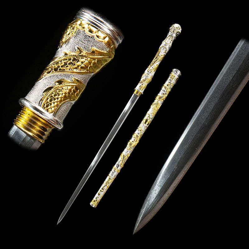 Longquan City Sword Cane, Coiled Dragon Sword, Pattern Steel, Integrated Eight-Sided Han Sword, Vehicle Self-Defense Cold Weapon, Unsharpened