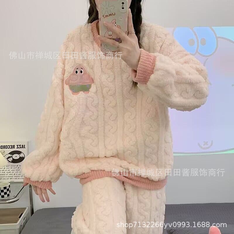Women's Winter Pajamas, Coral Fleece, Trendy Student Style, Thickened Lining, Pullover Flannel Loungewear Set