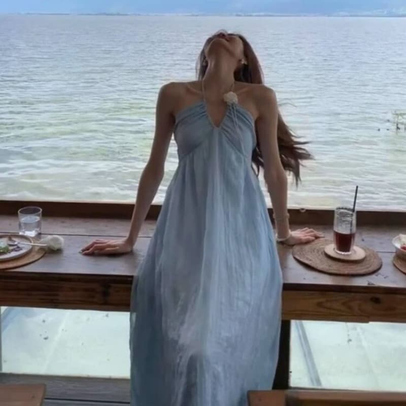 Beach Vacation Light Blue Strapless Dress Island Vacation Dress Atmosphere Backless Long Dress for Women