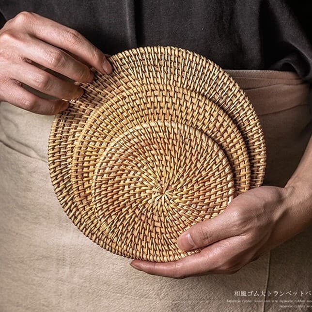 Japanese Style Round Woven Coaster American Tea Tray Cup Mat Tea Set Foldable Heat Insulation Pad Teacup Non-Slip Seagrass Kitchen
