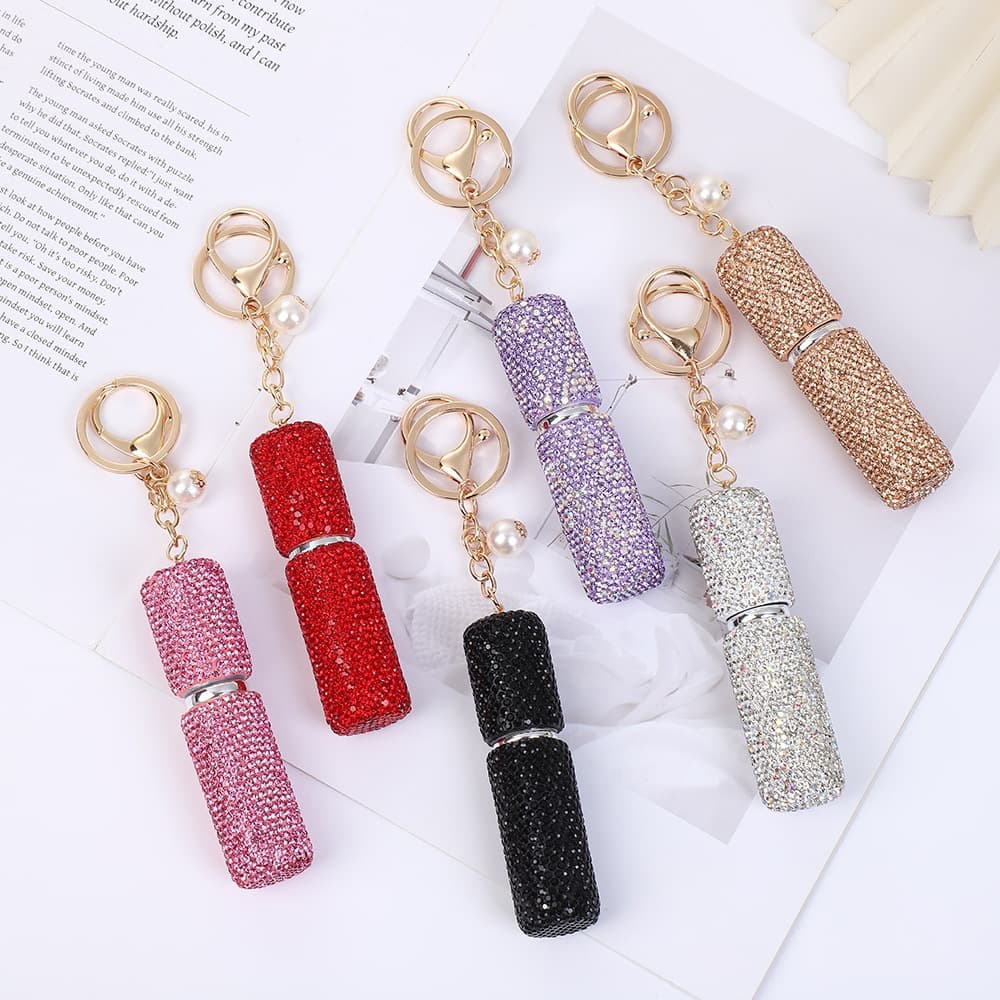 Cross-border rhinestone perfume refillable bottle keychain creative mini spray bottle keyring bag decoration charm