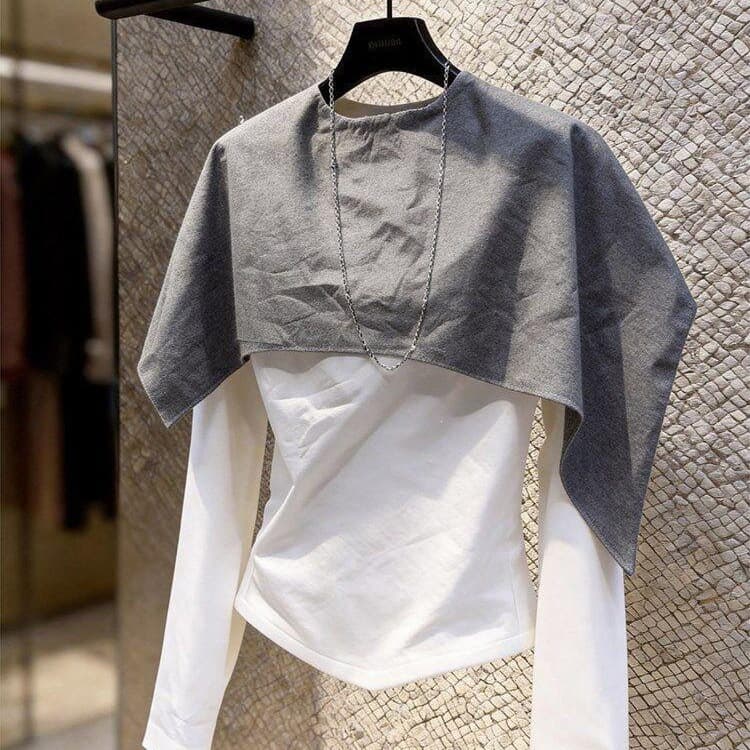 Design Korean contrasting color fake two-piece cloak shawl bottoming top spring petite slim long-sleeved fake two-piece