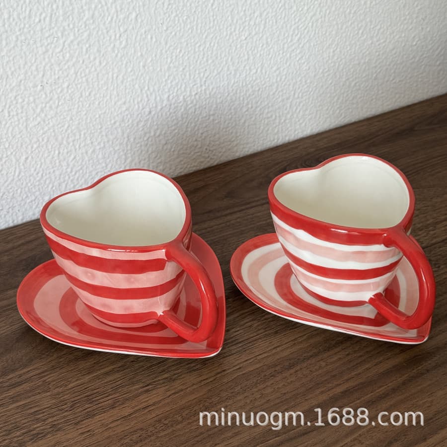 Ins style ceramic cup and saucer set hand-painted striped love-shaped mug atmospheric desktop coffee milk cup