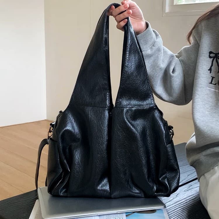 American Vintage Waxed Leather Large Capacity Tote Bag Black Premium Versatile Shoulder Bag Underarm Bag Commuter Crossbody Bag
