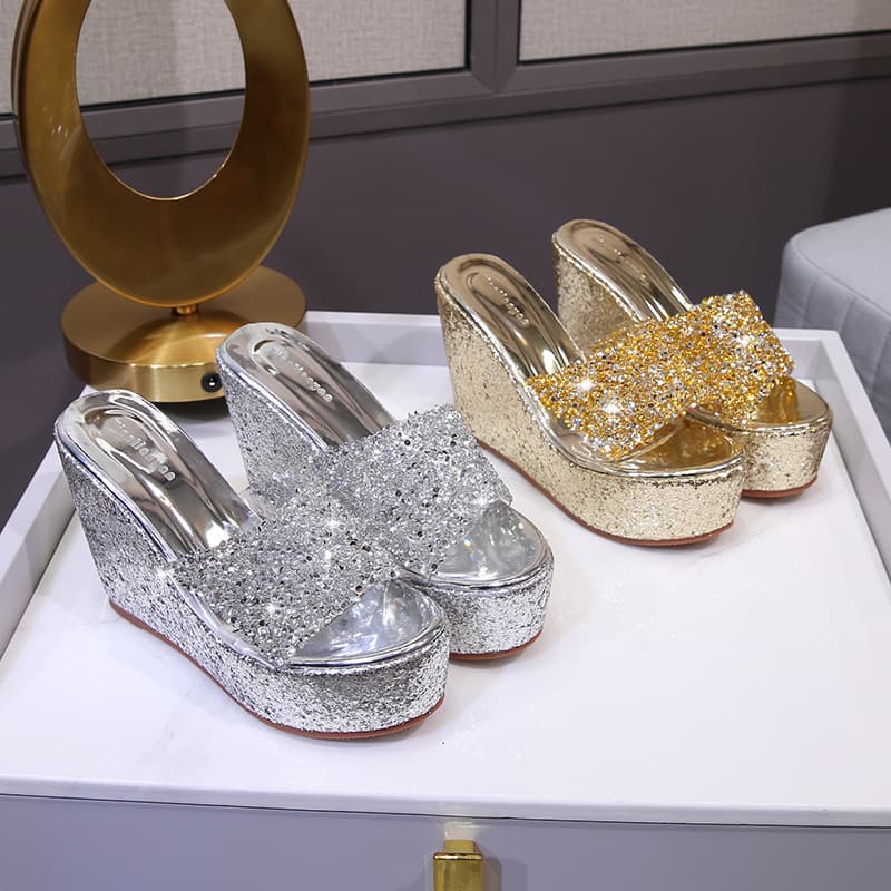 Fish Mouth Ultra High Heel Women's Sandals 2020 Summer New Sequins Fashion Runway Wedge Heel Casual Women's Shoes