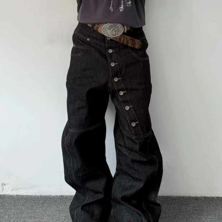 American High Street Retro Long Buttoned Denim Jeans Loose Baggy Wide Leg Casual Floor-Length Trousers for Men And Women