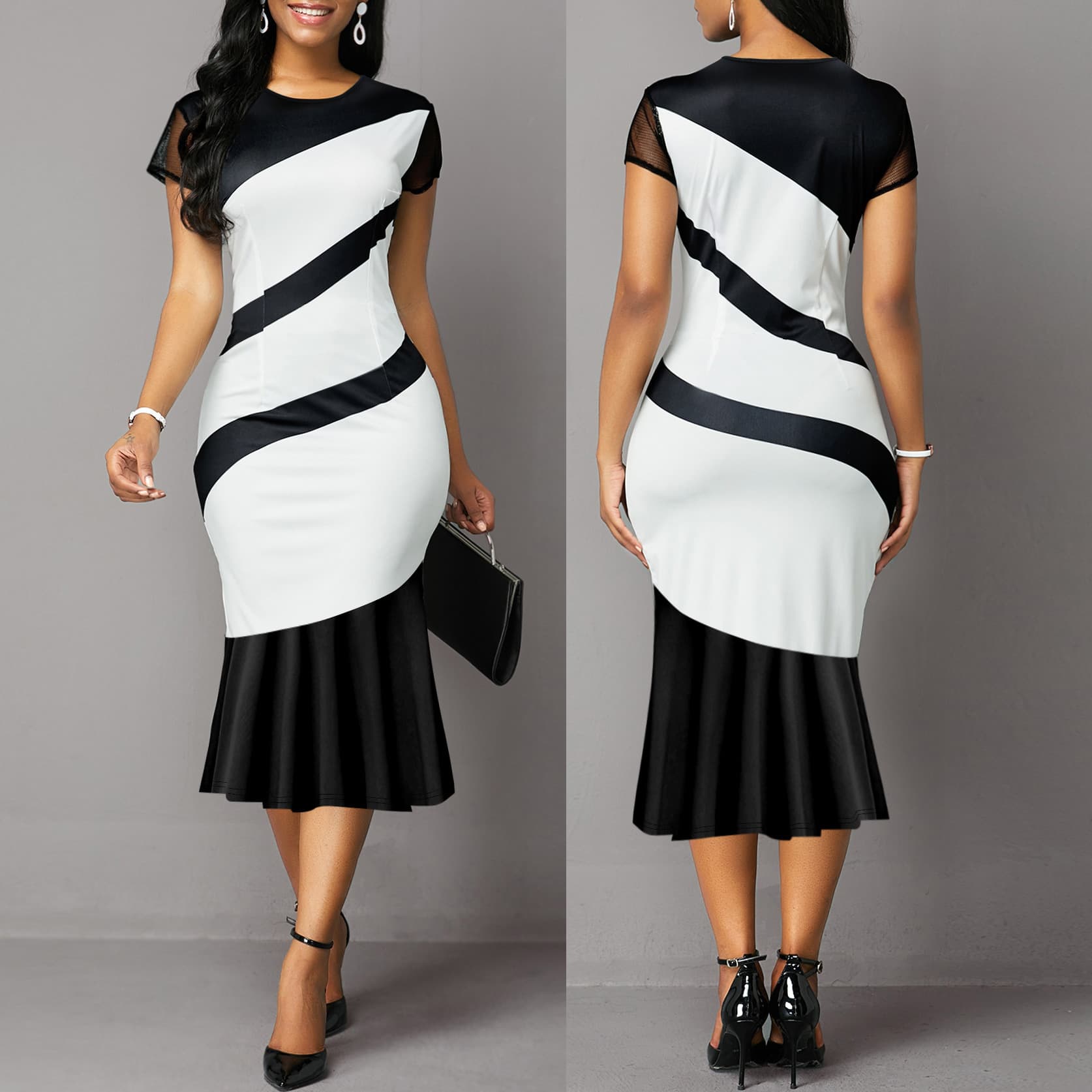 New Women's Mesh Patch Short Sleeve Slim Fit Fishtail Plus Size Dress for Amazon Cross-Border EU & US Market