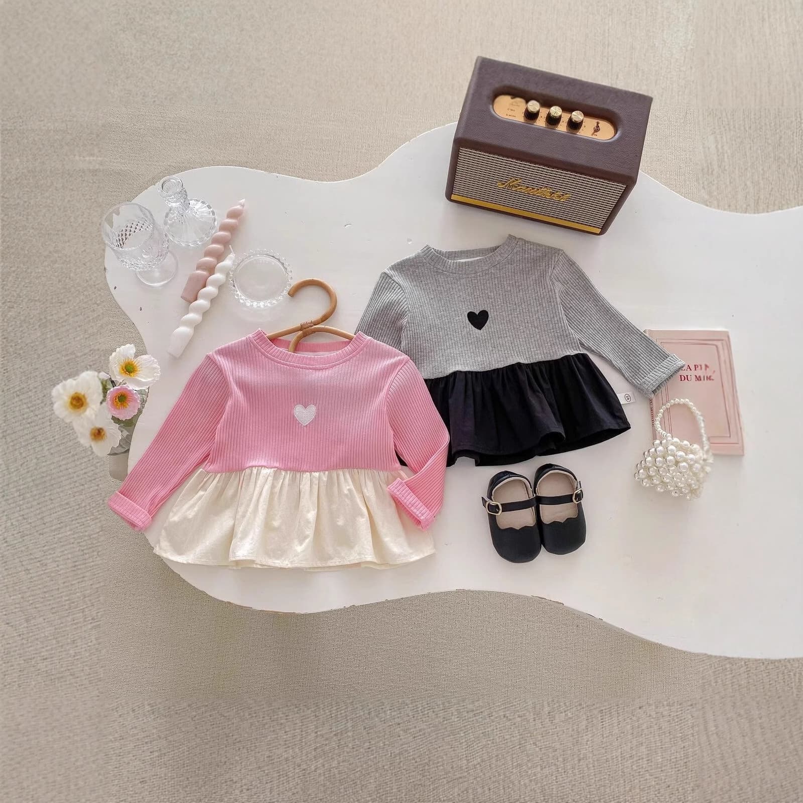 Girls' Cute Doll Top 2026 New Spring Toddler Girl Simple Heart Color-Block Shirt Children's Ribbed Dress Top