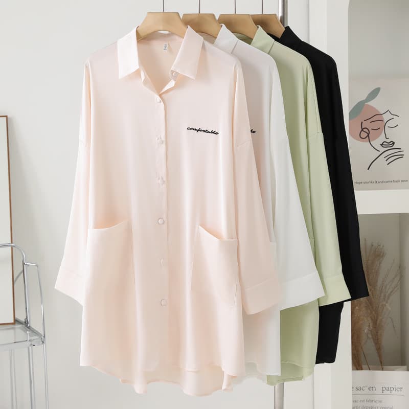 Women's Nightgown Spring Summer Long Sleeve Boyfriend Style Loose Mid-Length Shirt Dress Plus Size Thin Ice Silk Pajamas Spring Autumn Style