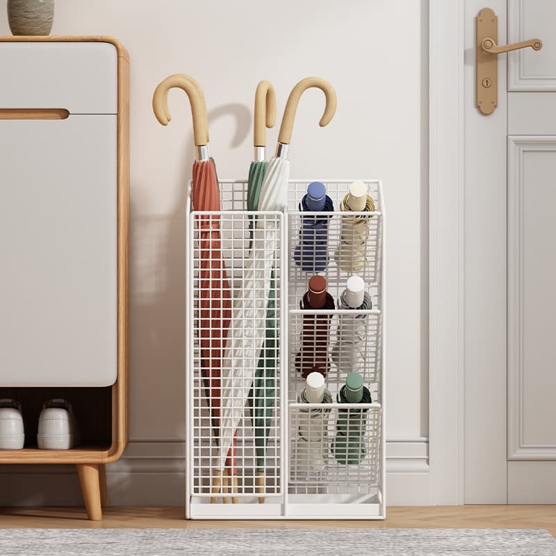 Household door umbrella storage rack, entryway umbrella bucket with storage, large capacity commercial umbrella stand solution