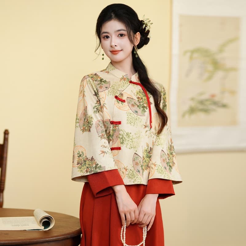 New Chinese Style Han Elements Republic Style Improved Qipao Top Autumn Winter Pattern Tea Ceremony Wear Daily Set