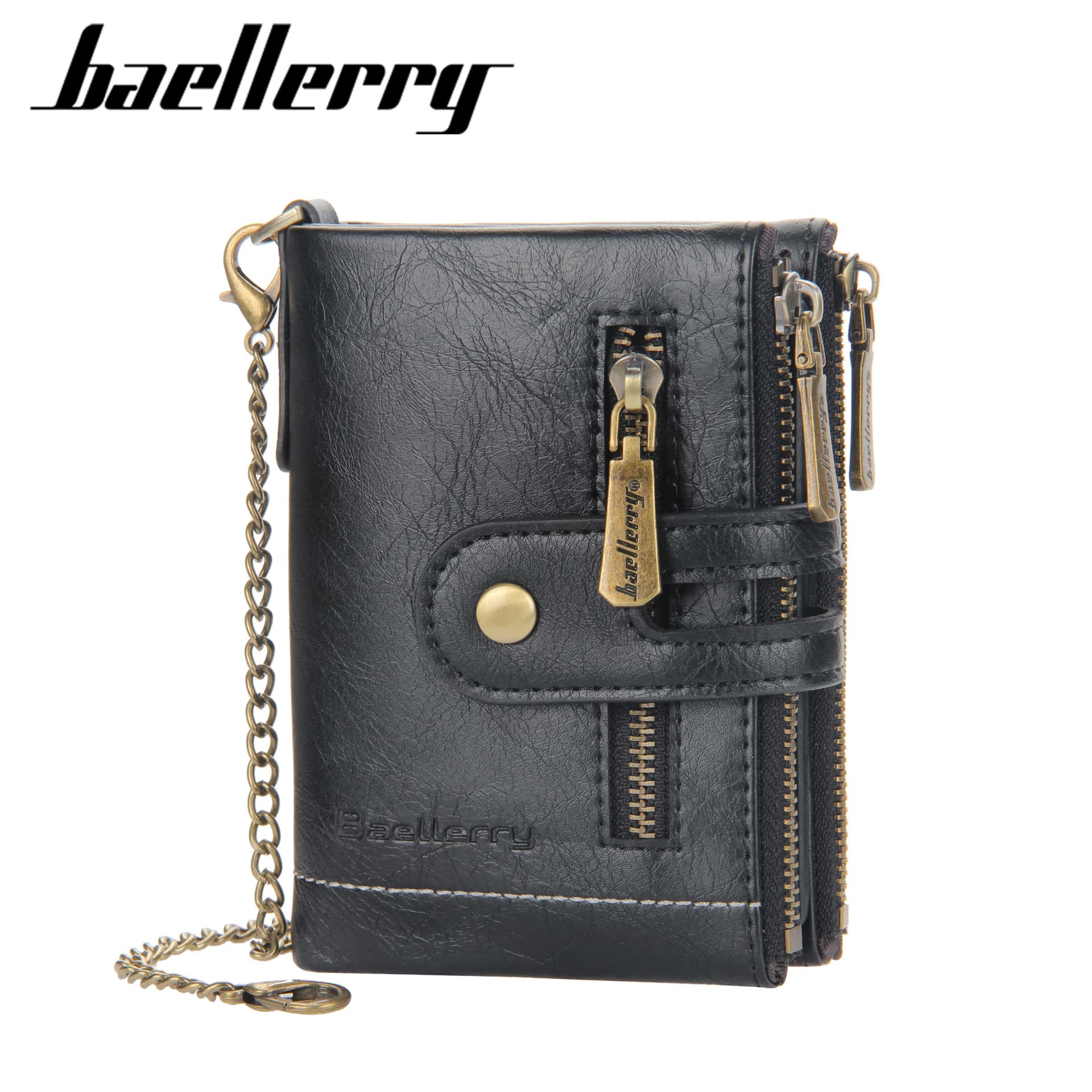 Baellerry Men's Short Retro European And American Wallet with Double Zipper Coin Purse Multi-Card Slot PU Leather Wallet