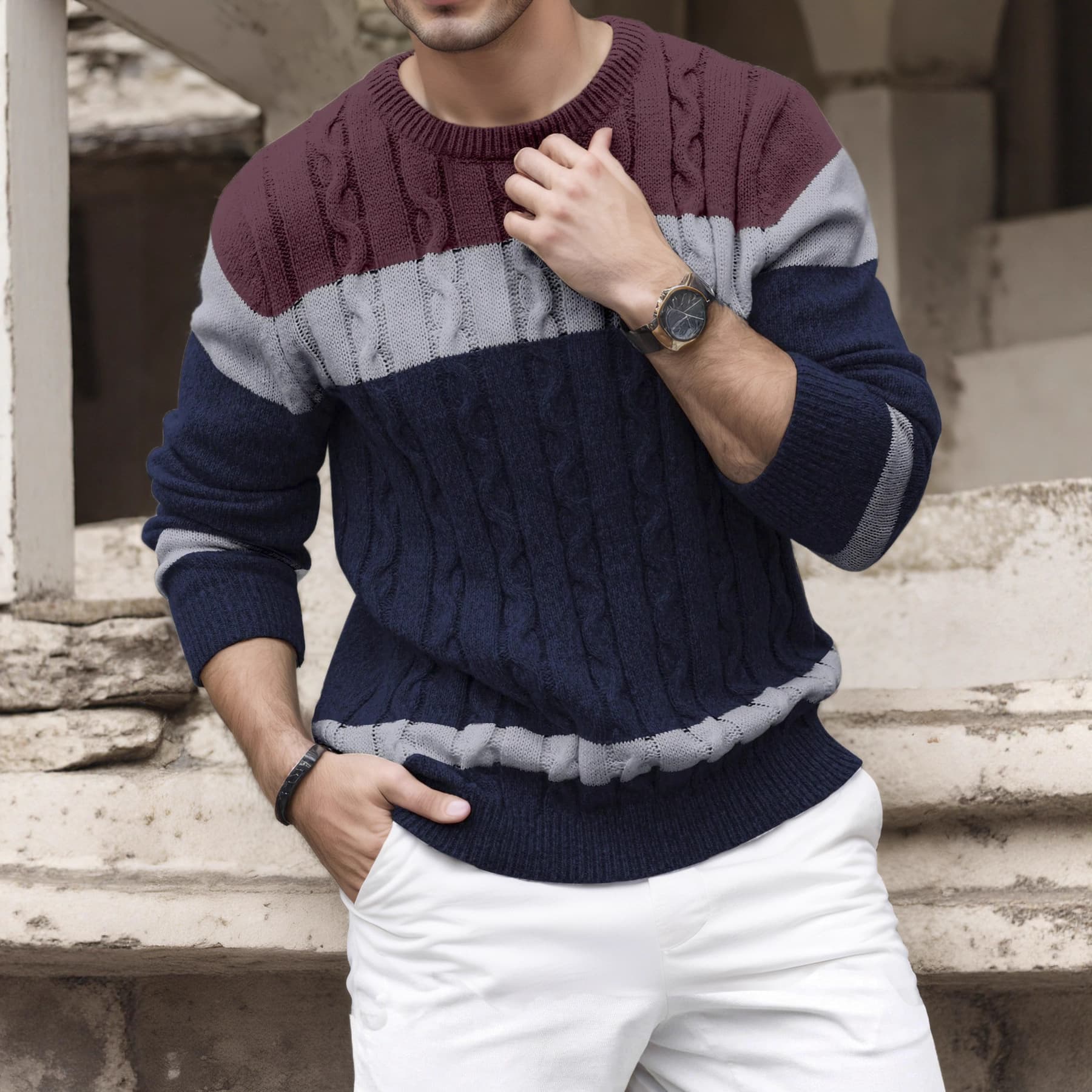 Loose Fit Round Neck Knit Sweater New Men's Color Block Round Neck Sweater European and American Pullover Multicolor 6002