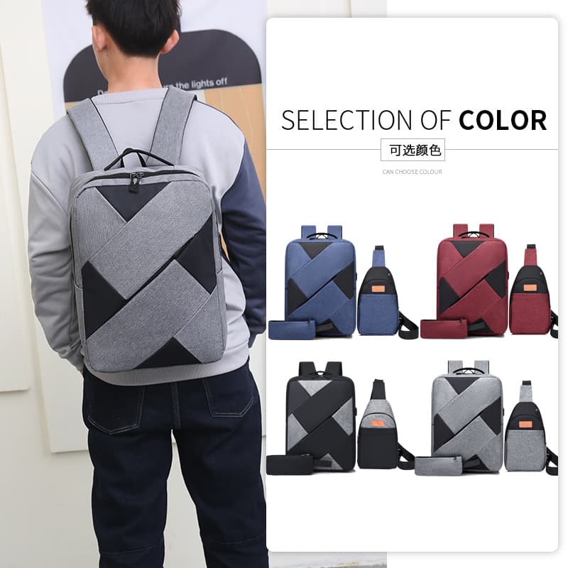 Cross-border wholesale three-piece backpack set, new minimalist casual USB charging backpack for business commuting and laptop use