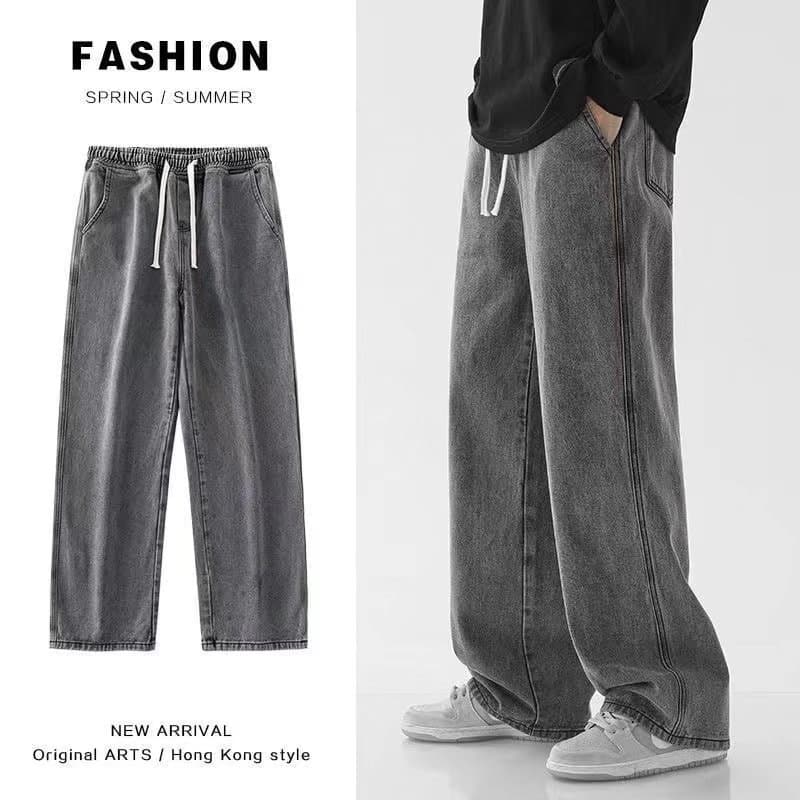 Loose Straight Leg Grey Jeans Men's Fashionable Casual Harajuku Style Plus Size Low Waist Trousers for Young Adults