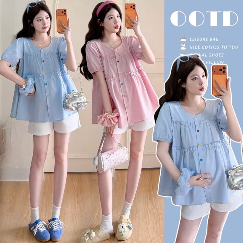 New Summer Maternity Top with Ruffle Trim Sweet Doll Style Button-Down Nursing Blouse Trendy Mom Set
