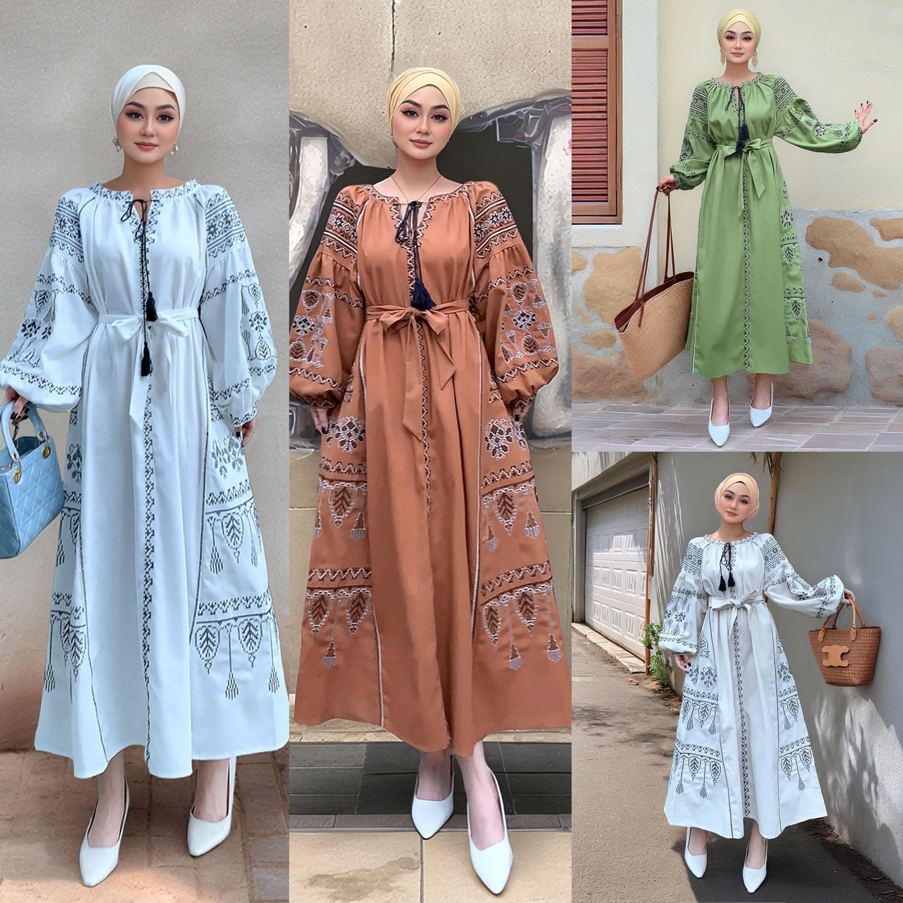 M300 Southeast Asia Cross-Border Malaysia Women's Dress Heavy Embroidery Lantern Sleeve Loose Casual Cotton Linen Dress