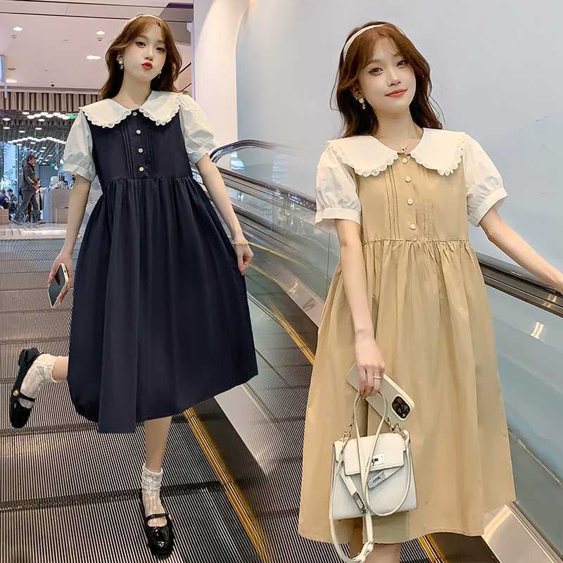 Maternity Dress Summer Loose New Short Sleeve Button Nursing Long Dress