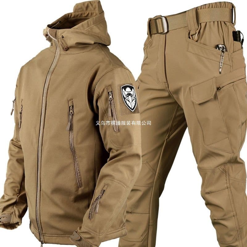 Outdoor Shark Skin Jacket Set for Men, Autumn/Winter Fleece-Lined Soft Shell Windproof Waterproof Tactical Suit, Warmth Retention