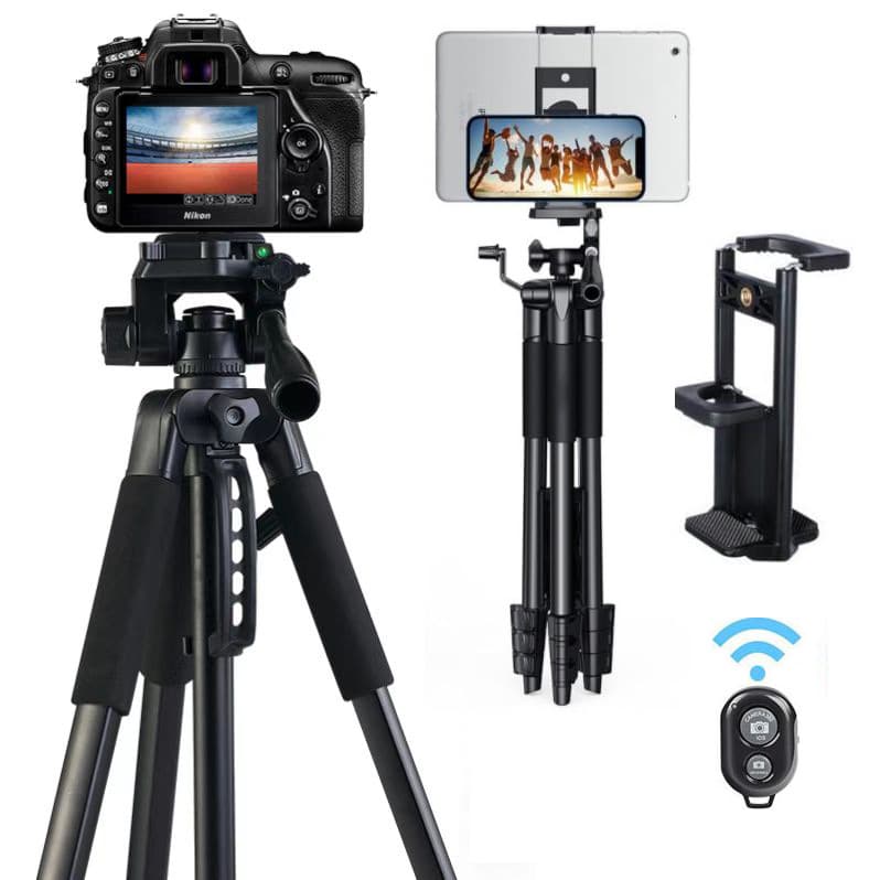 Camera DSLR Tripod for Phone and Tablet Photography, Adjustable 1.7m Height with 3-Way Pan Head