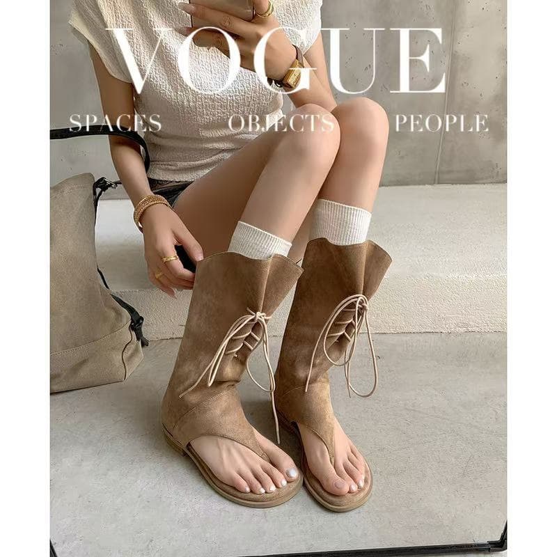 Fashion Ankle Strap Thong Sandals for Women Summer Thin Low Heel Roman Style Mid-Calf Thong Sandals Boots